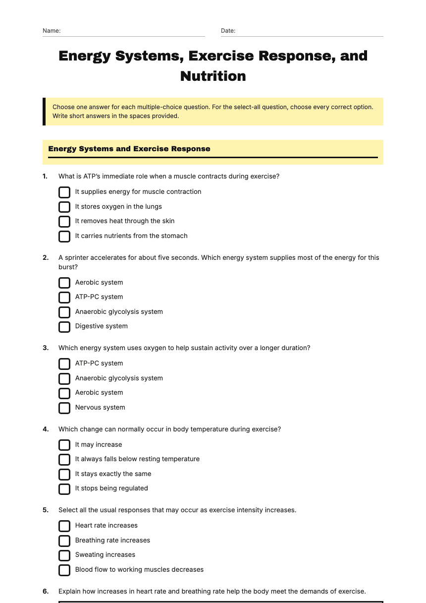 Energy Systems, Exercise Response, and Nutrition worksheet preview