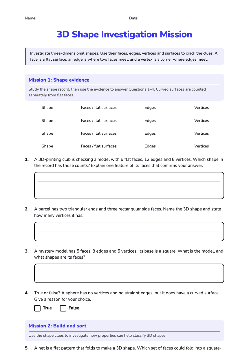 3D Shape Investigation Mission worksheet preview