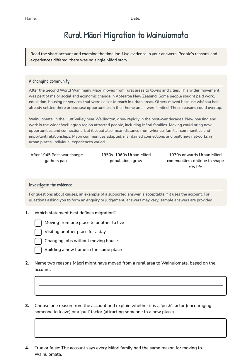 Rural Māori Migration to Wainuiomata worksheet preview