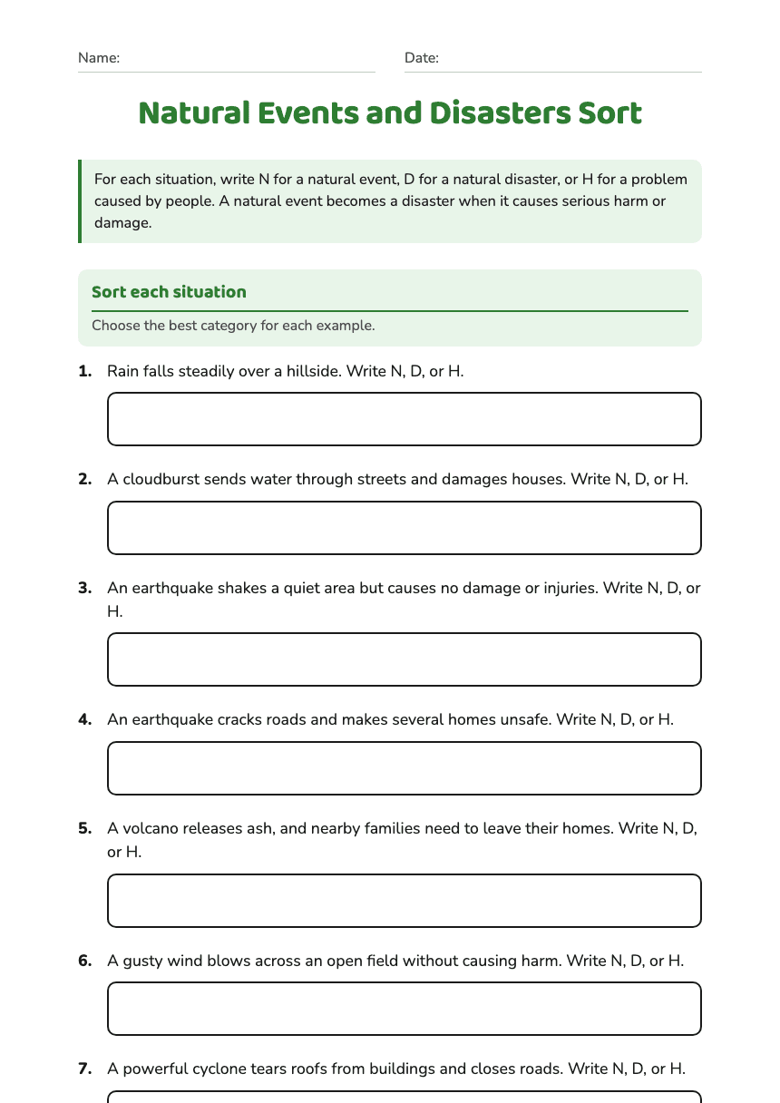 Natural Events and Disasters Sort worksheet preview
