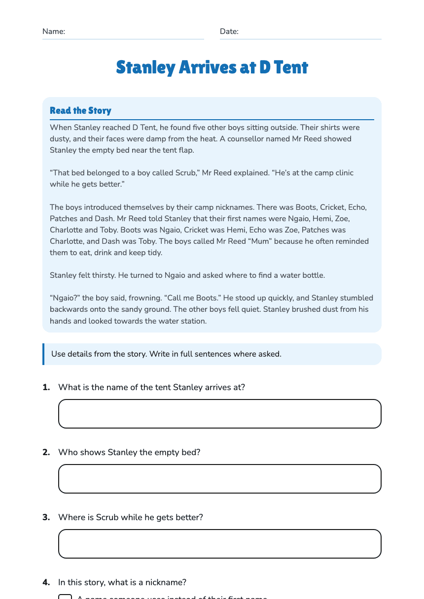 Stanley Arrives at D Tent worksheet preview