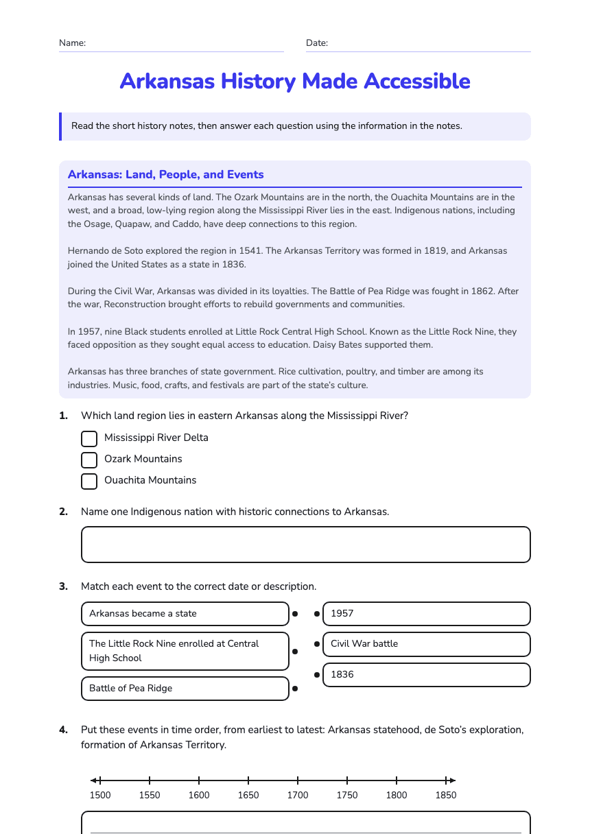 Arkansas History Made Accessible worksheet preview