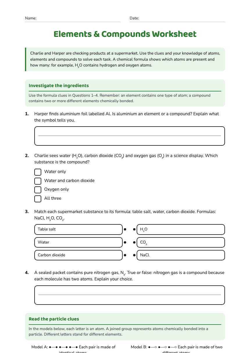 Elements & Compounds Worksheet worksheet preview