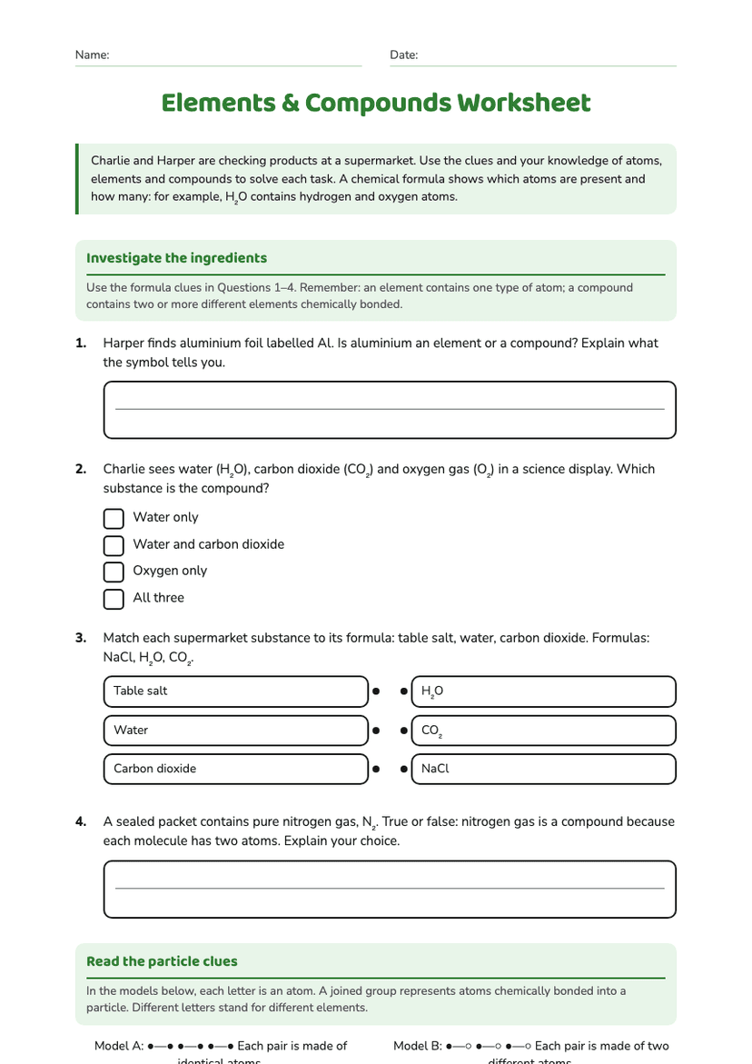 Elements & Compounds Worksheet