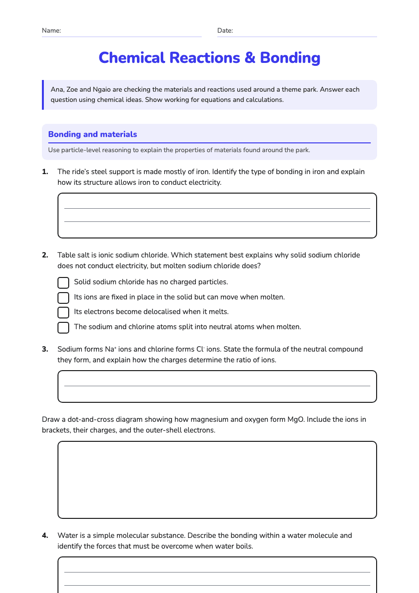 Chemical Reactions & Bonding worksheet preview
