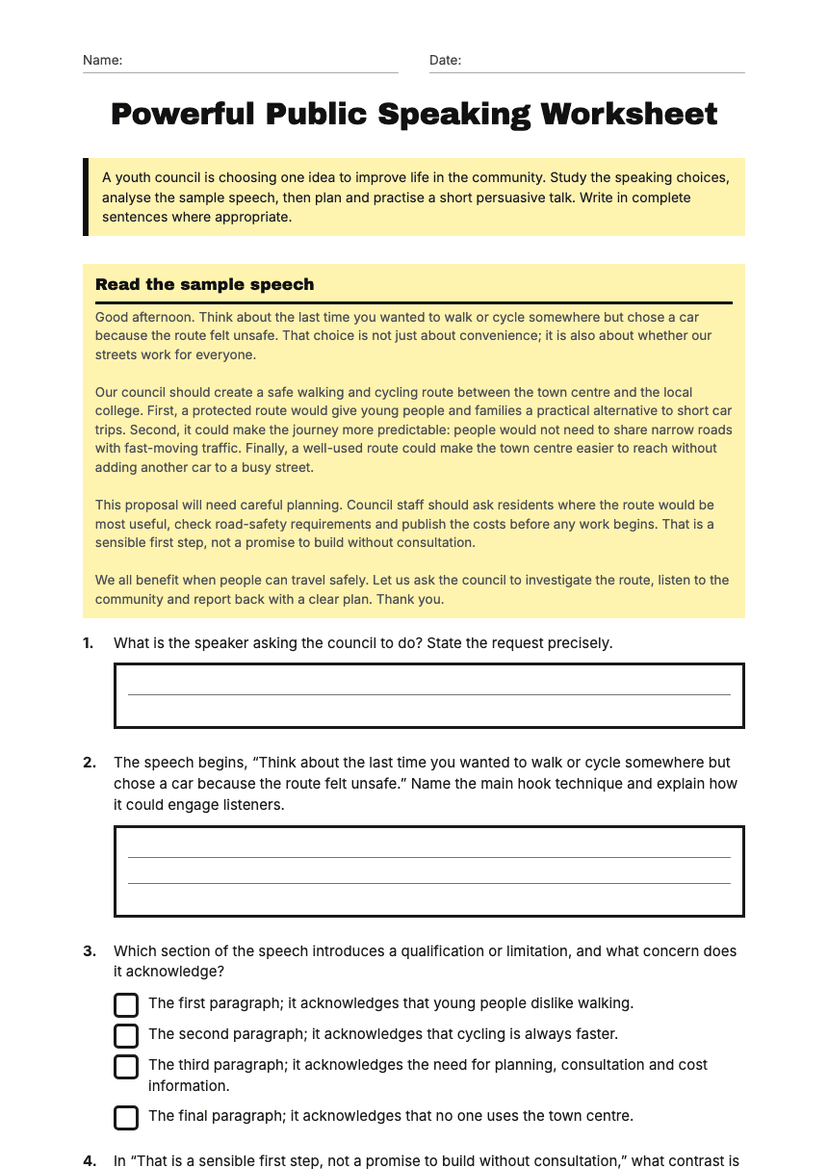 Powerful Public Speaking Worksheet