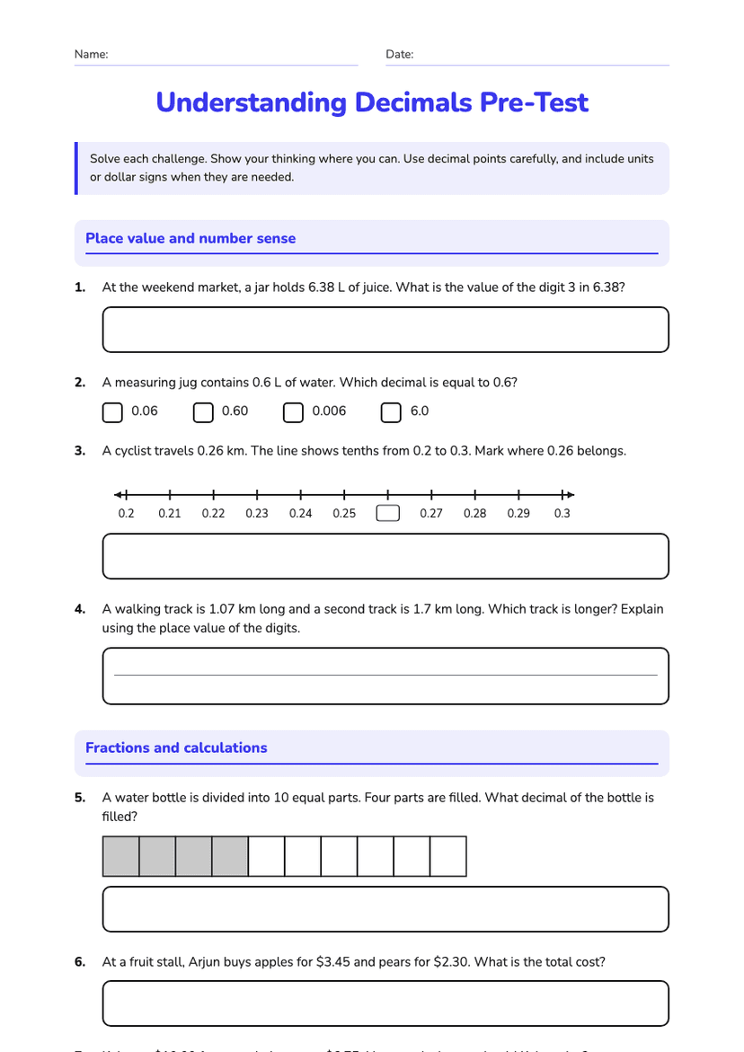 Understanding Decimals Pre-Test
