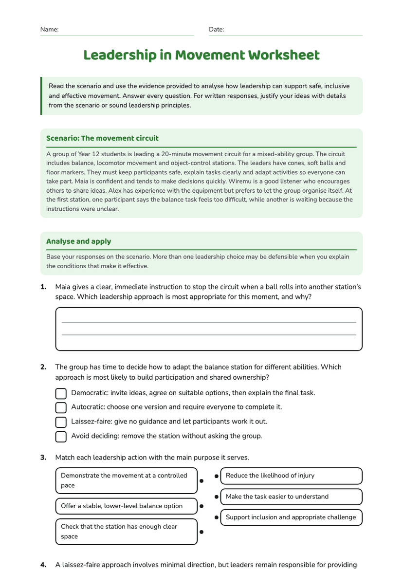 Leadership in Movement Worksheet