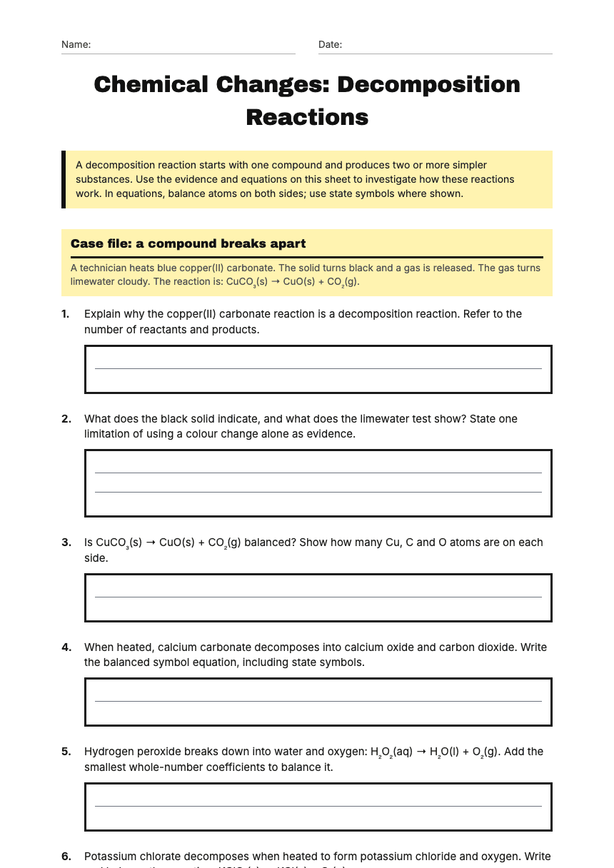 Chemical Changes: Decomposition Reactions worksheet preview