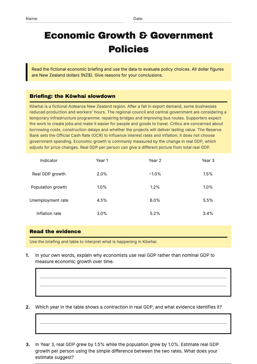 Economic Growth & Government Policies worksheet preview
