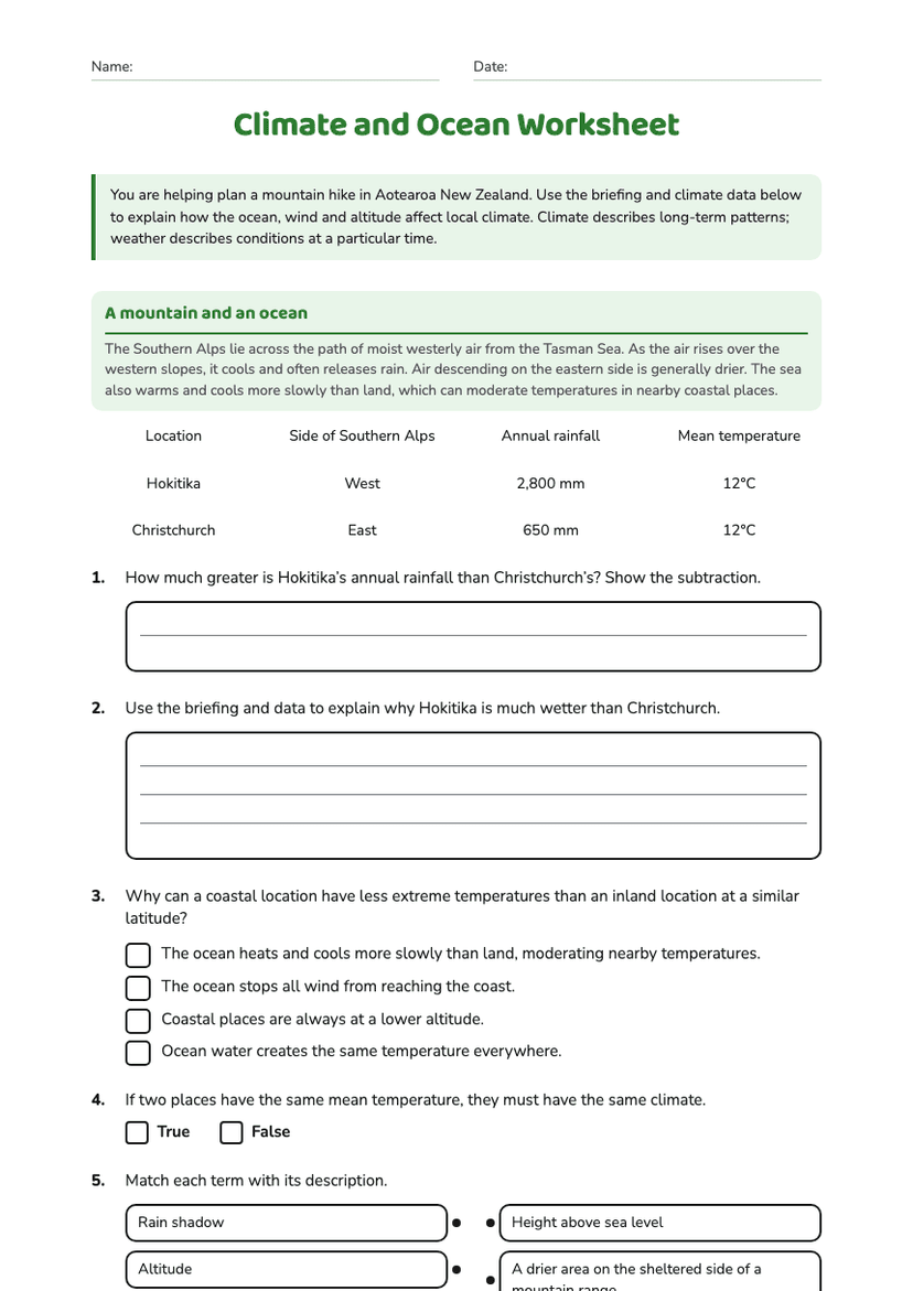 Climate and Ocean Worksheet