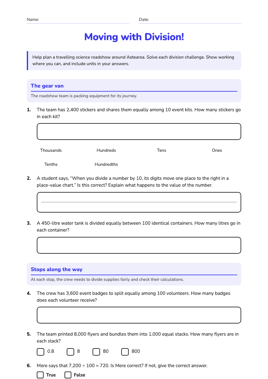 Moving with Division! worksheet preview