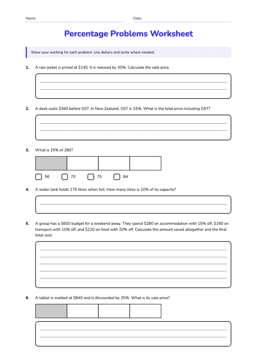 Percentage Problems Worksheet