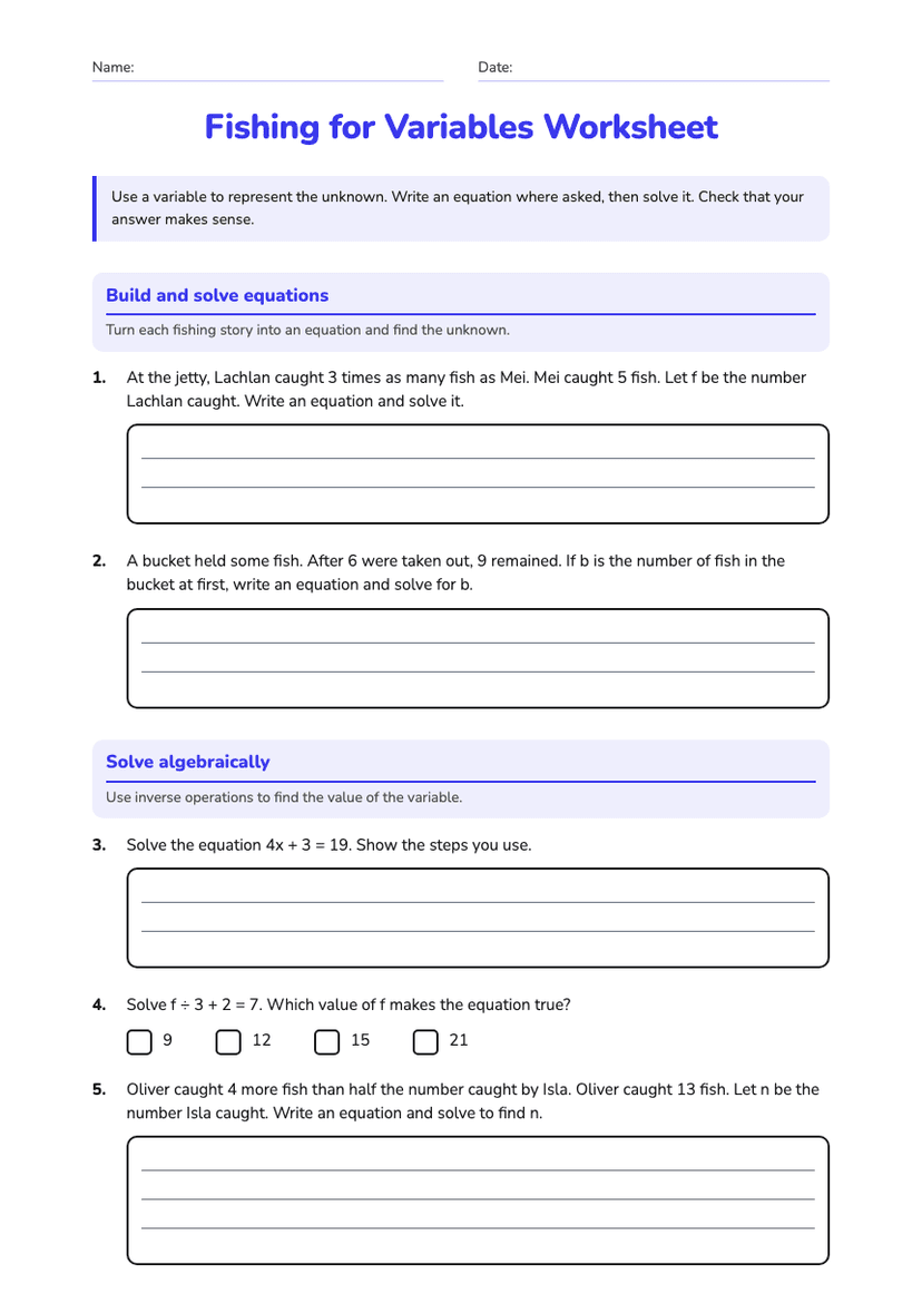 Fishing for Variables Worksheet