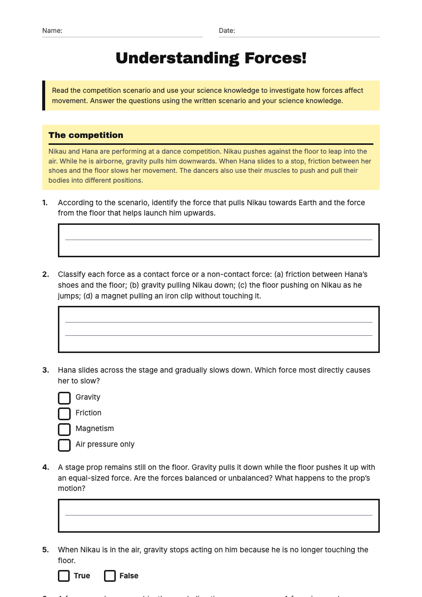 Understanding Forces! worksheet preview
