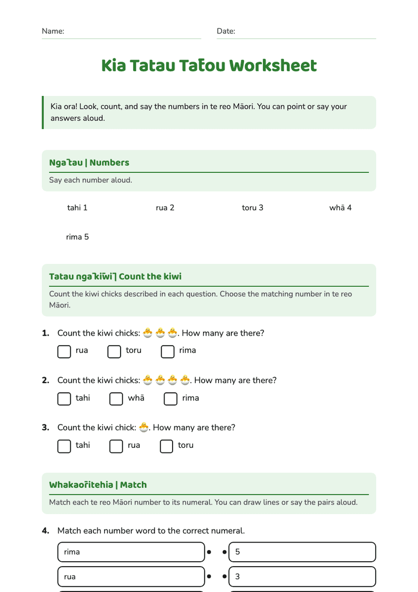 Kia Tatau Tātou Worksheet
