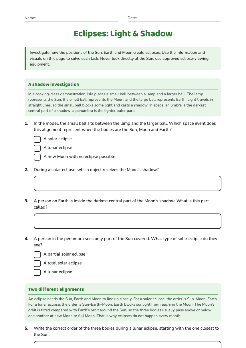 Eclipses: Light & Shadow worksheet preview