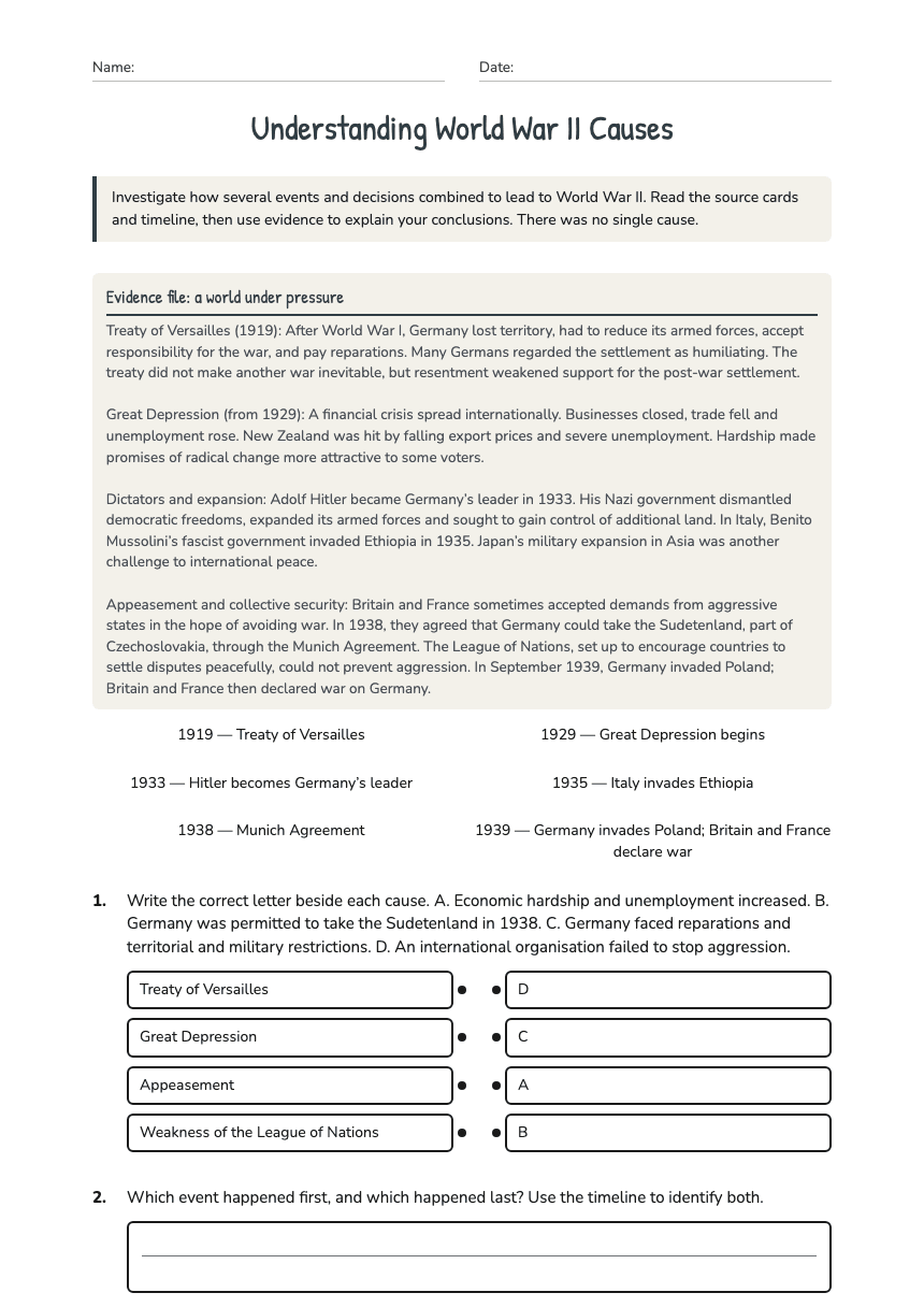 Understanding World War II Causes worksheet preview