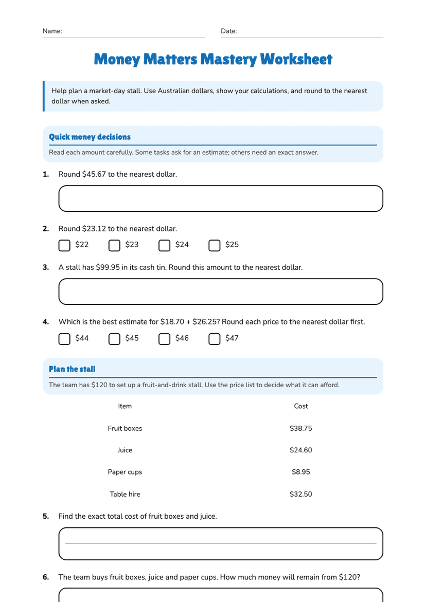 Money Matters Mastery Worksheet