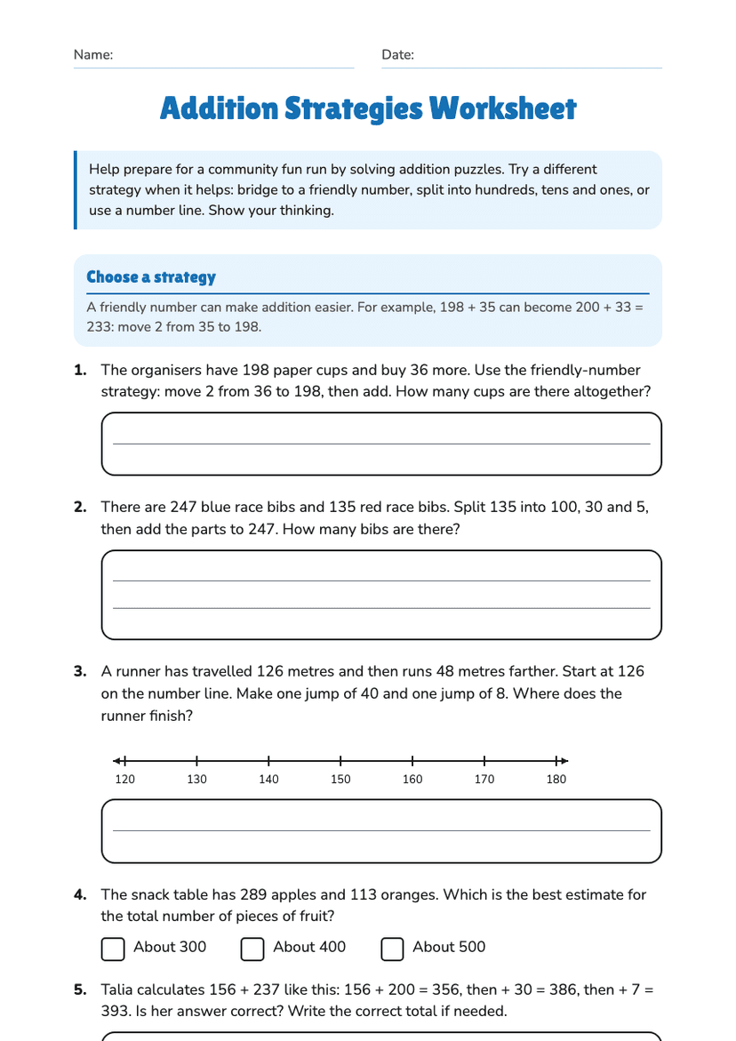 Addition Strategies Worksheet