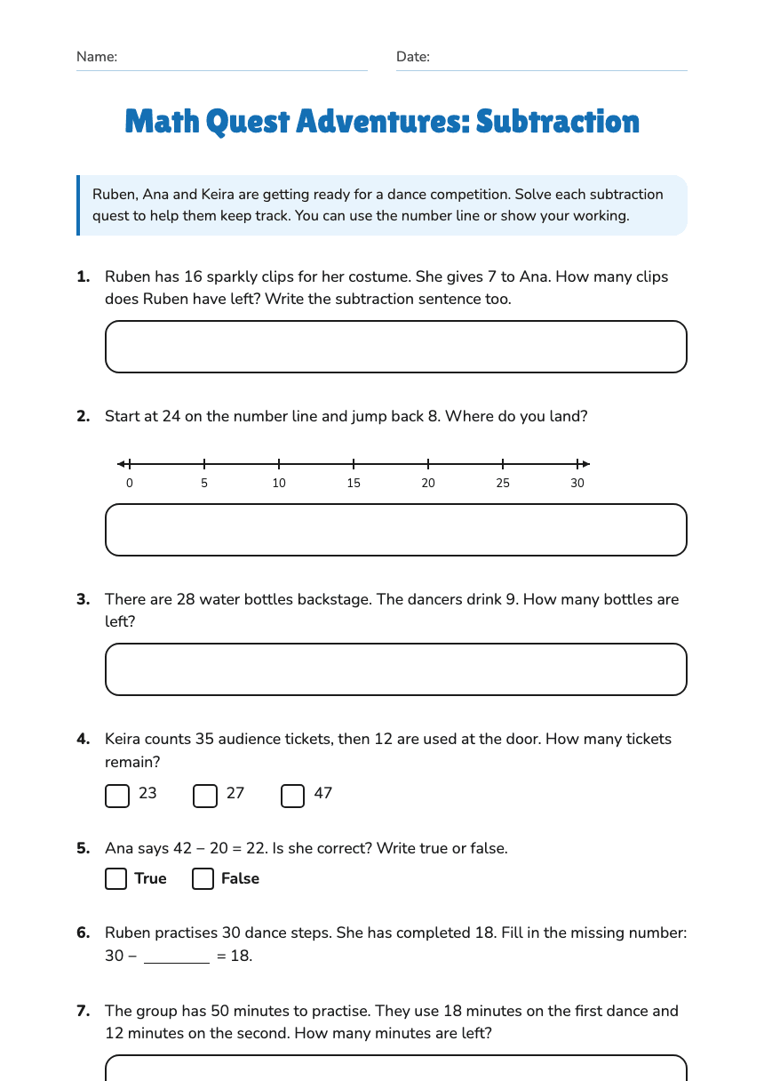 Math Quest Adventures: Subtraction worksheet preview