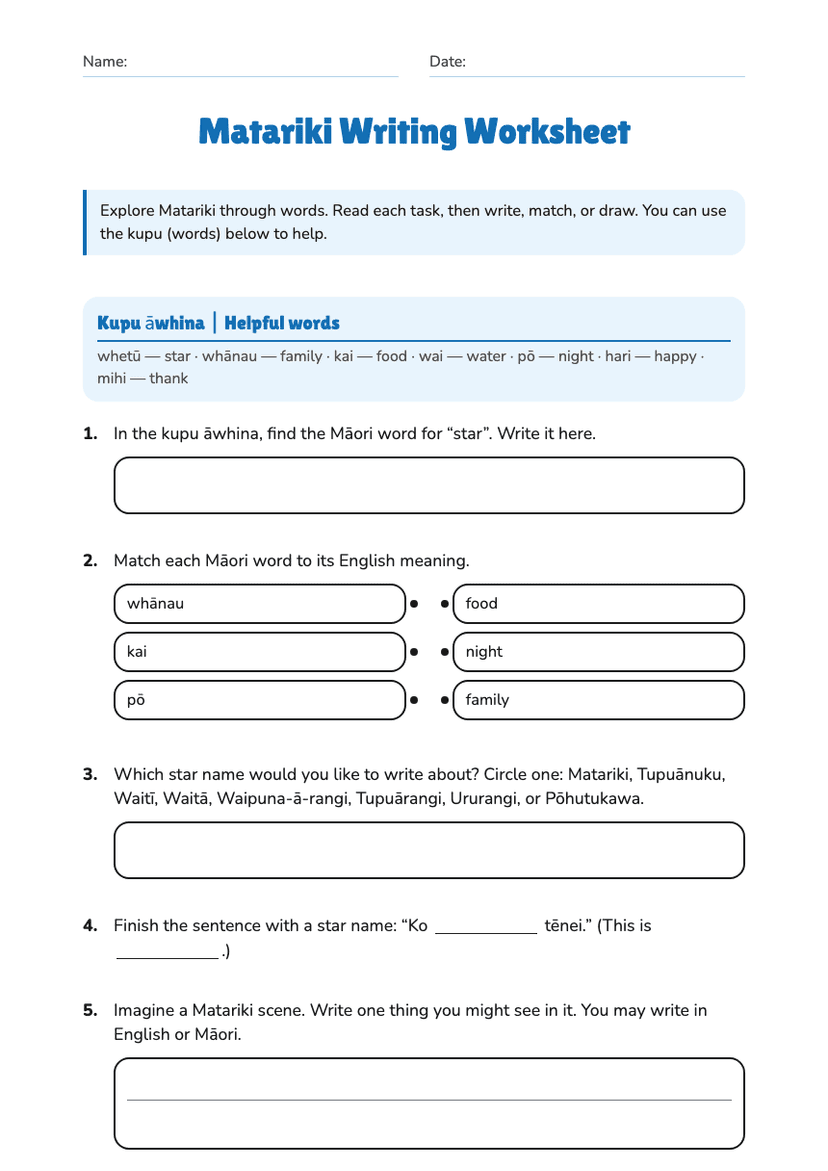 Matariki Writing Worksheet