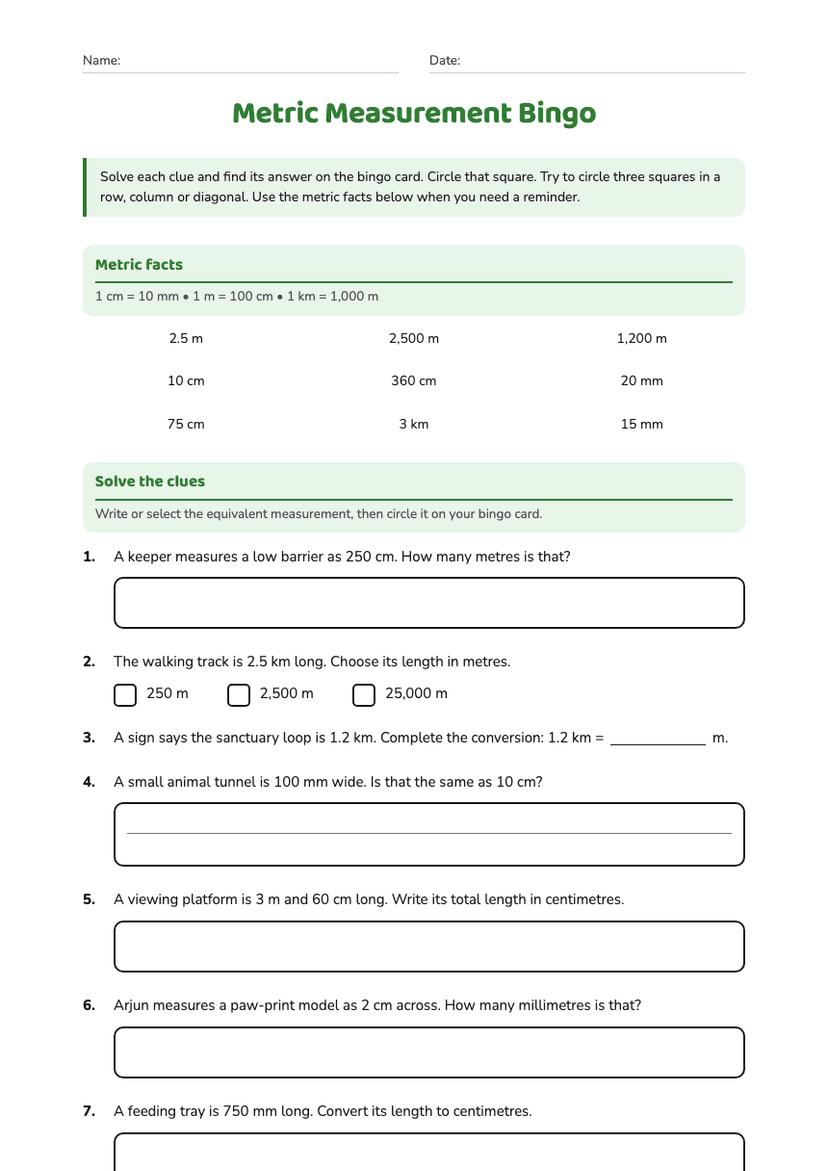 Metric Measurement Bingo