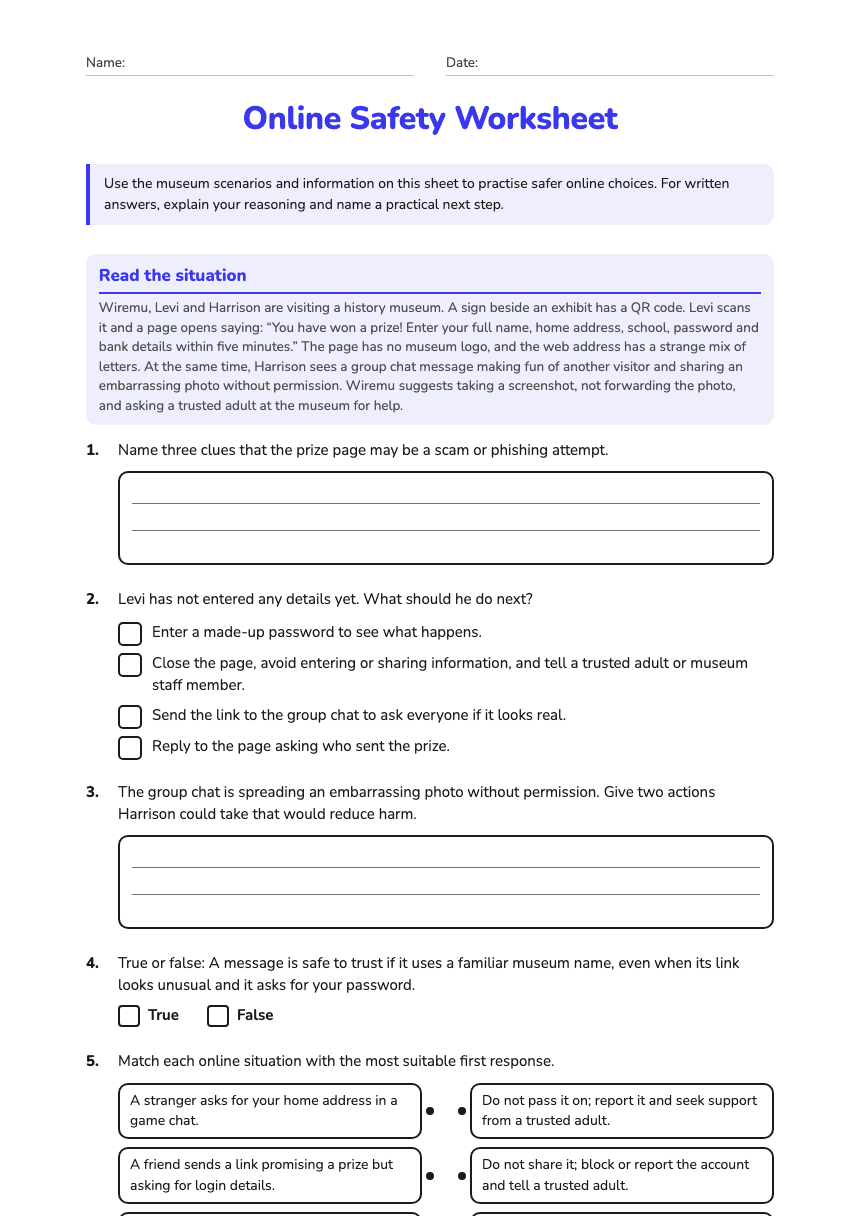 Online Safety Worksheet worksheet preview