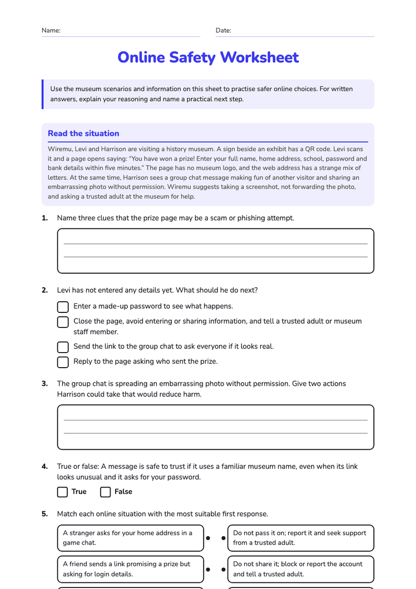 Online Safety Worksheet