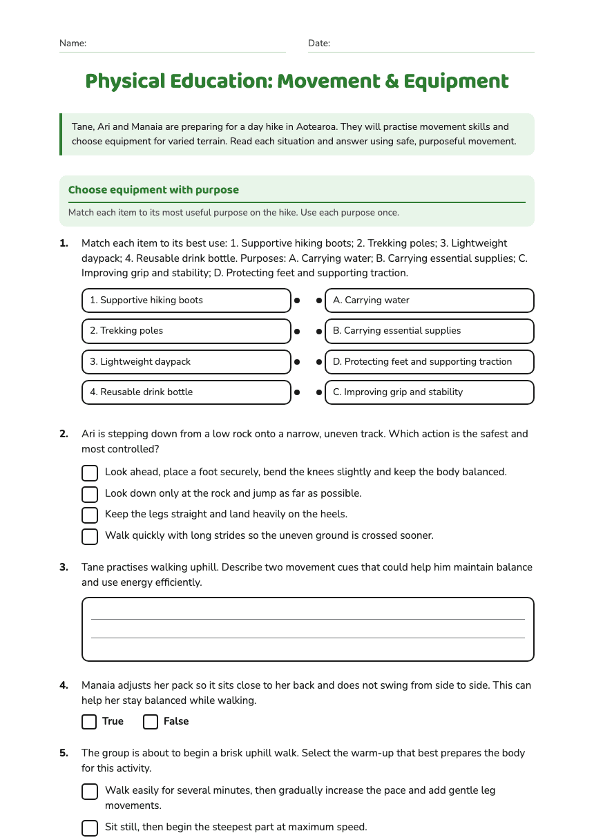 Physical Education: Movement & Equipment worksheet preview
