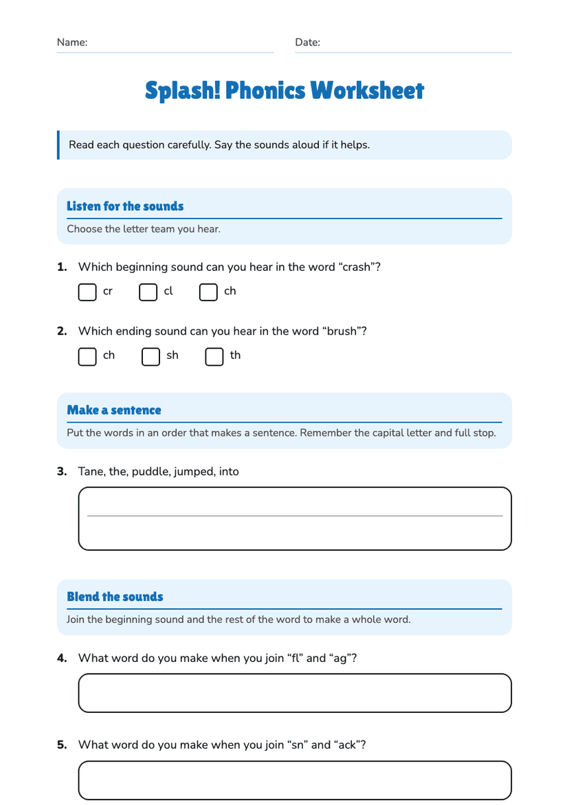 Splash! Phonics Worksheet