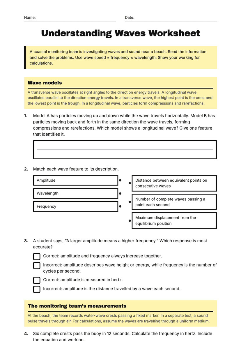 Understanding Waves Worksheet