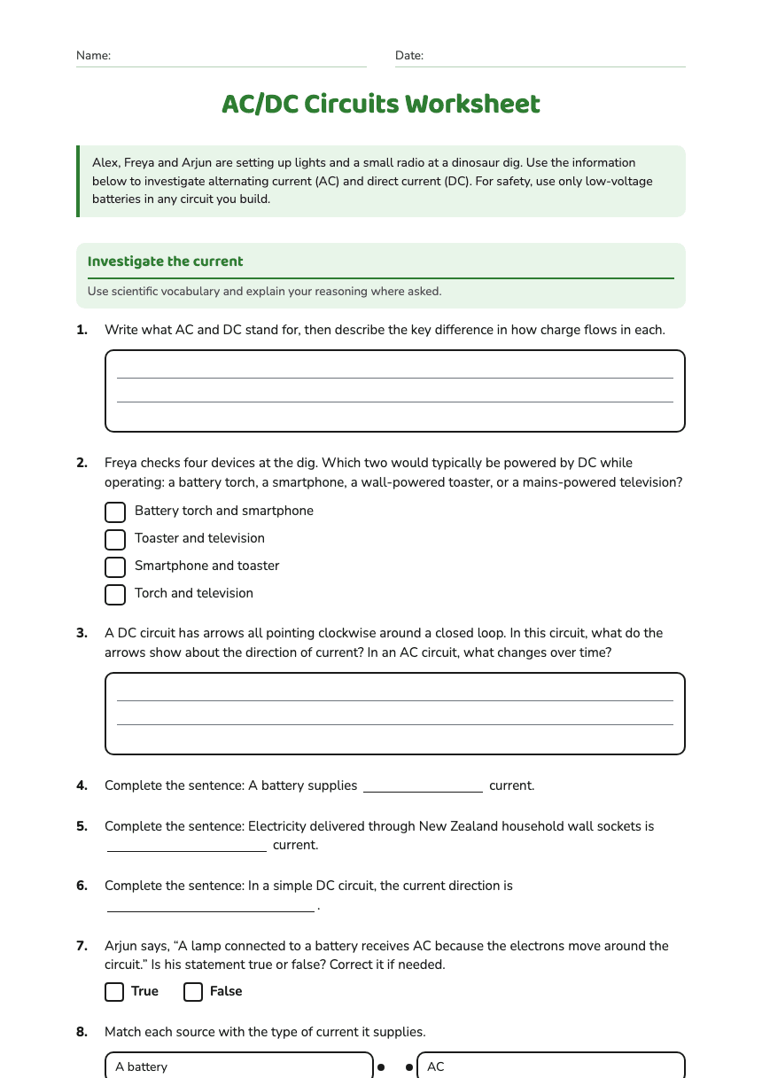 AC/DC Circuits Worksheet worksheet preview