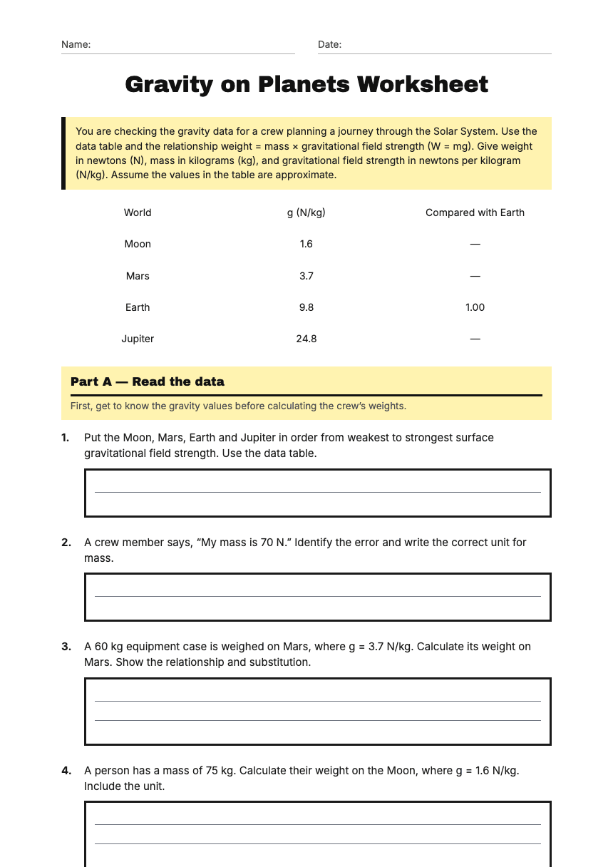 Gravity on Planets Worksheet worksheet preview