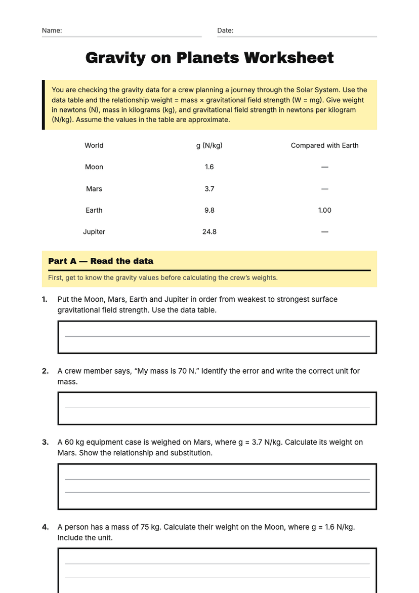 Gravity on Planets Worksheet
