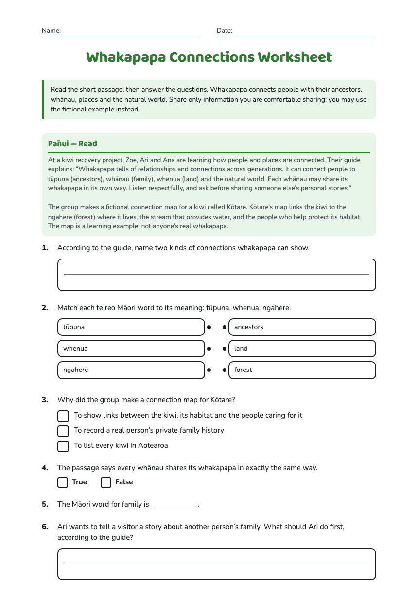 Whakapapa Connections Worksheet worksheet preview