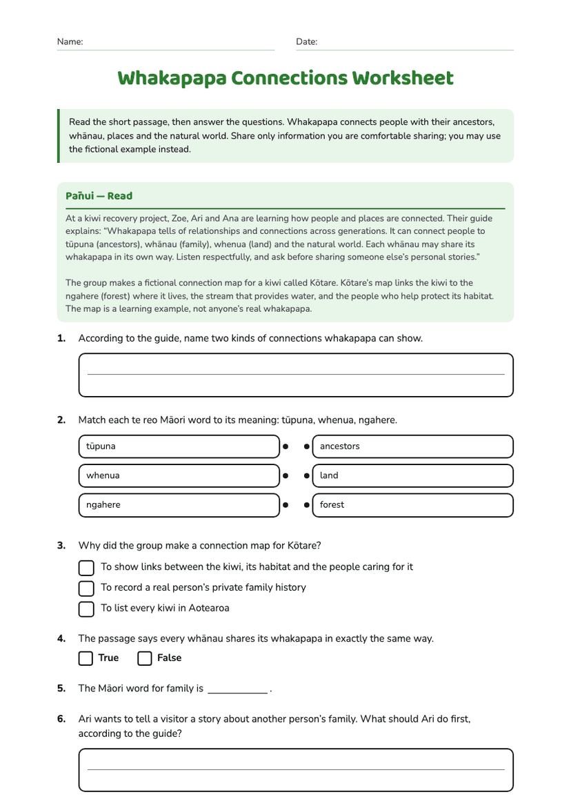Whakapapa Connections Worksheet