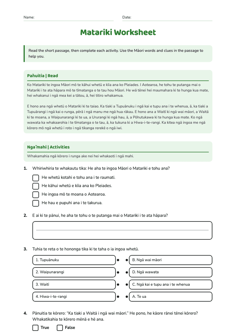 Matariki Worksheet