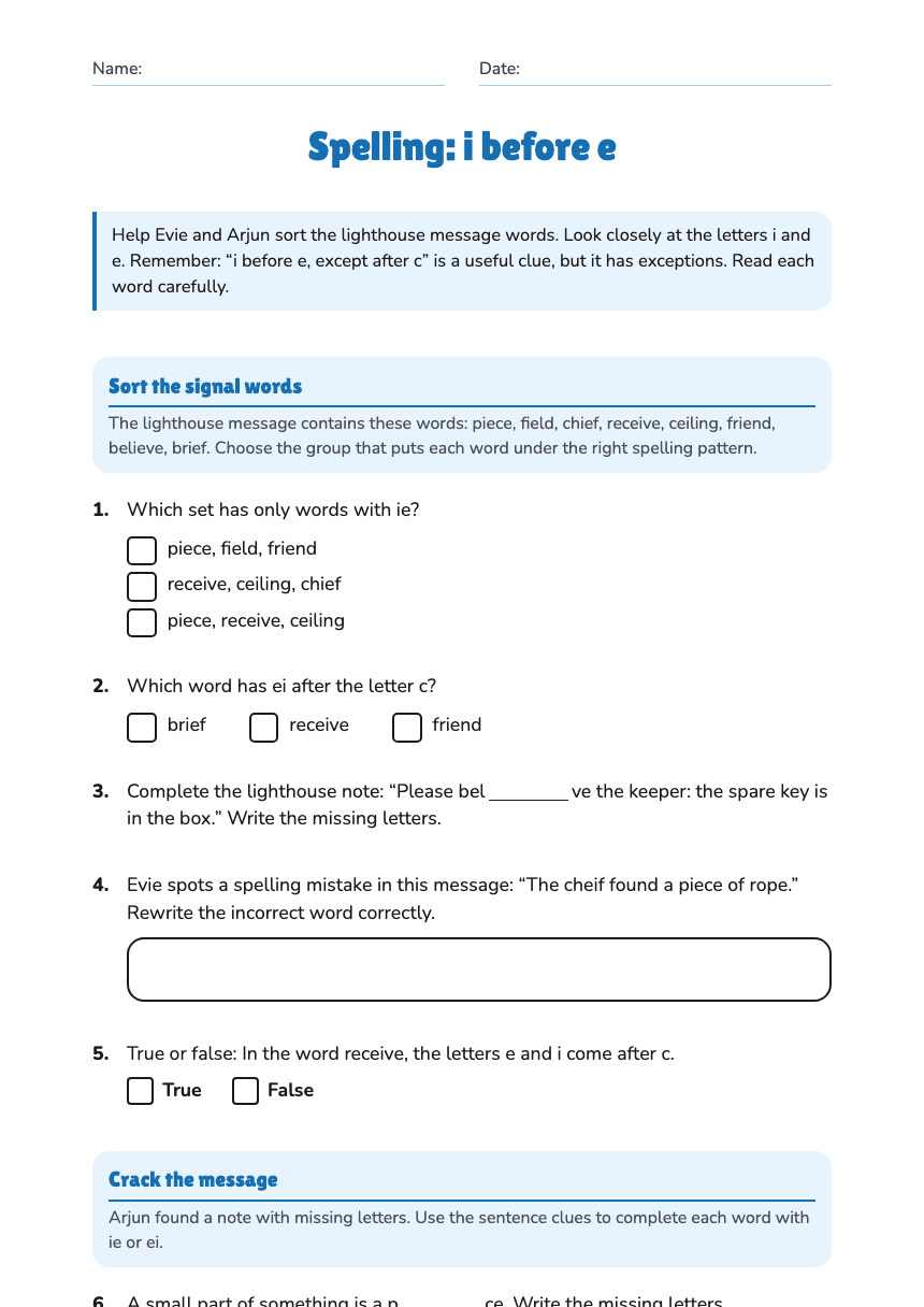 Spelling: i before e worksheet preview