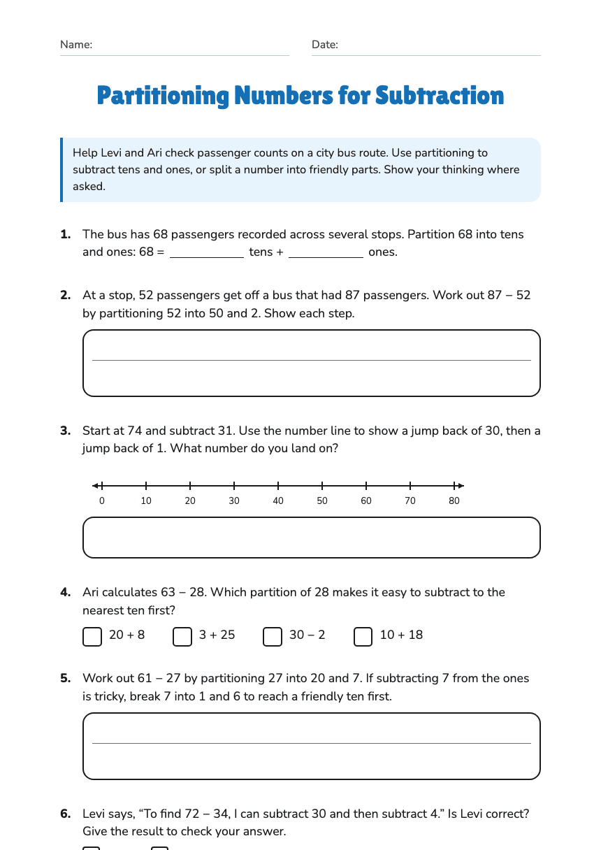 Partitioning Numbers for Subtraction worksheet preview