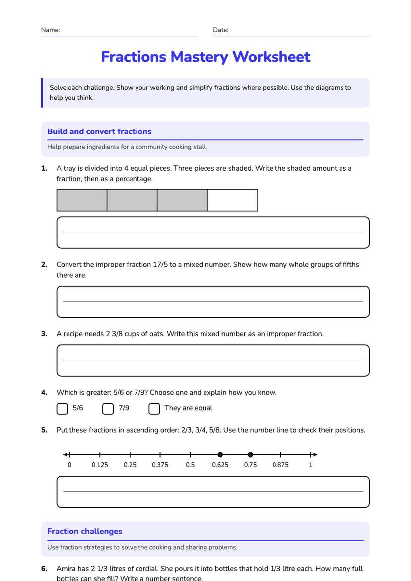 Fractions Mastery Worksheet