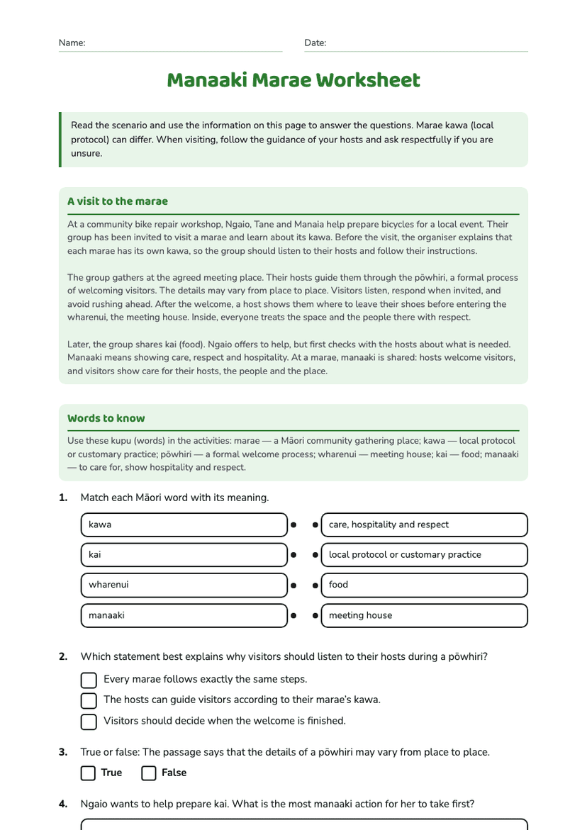 Manaaki Marae Worksheet