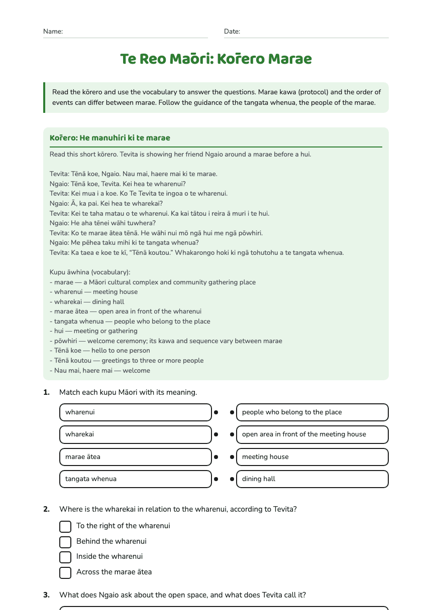 Te Reo Māori: Kōrero Marae worksheet preview