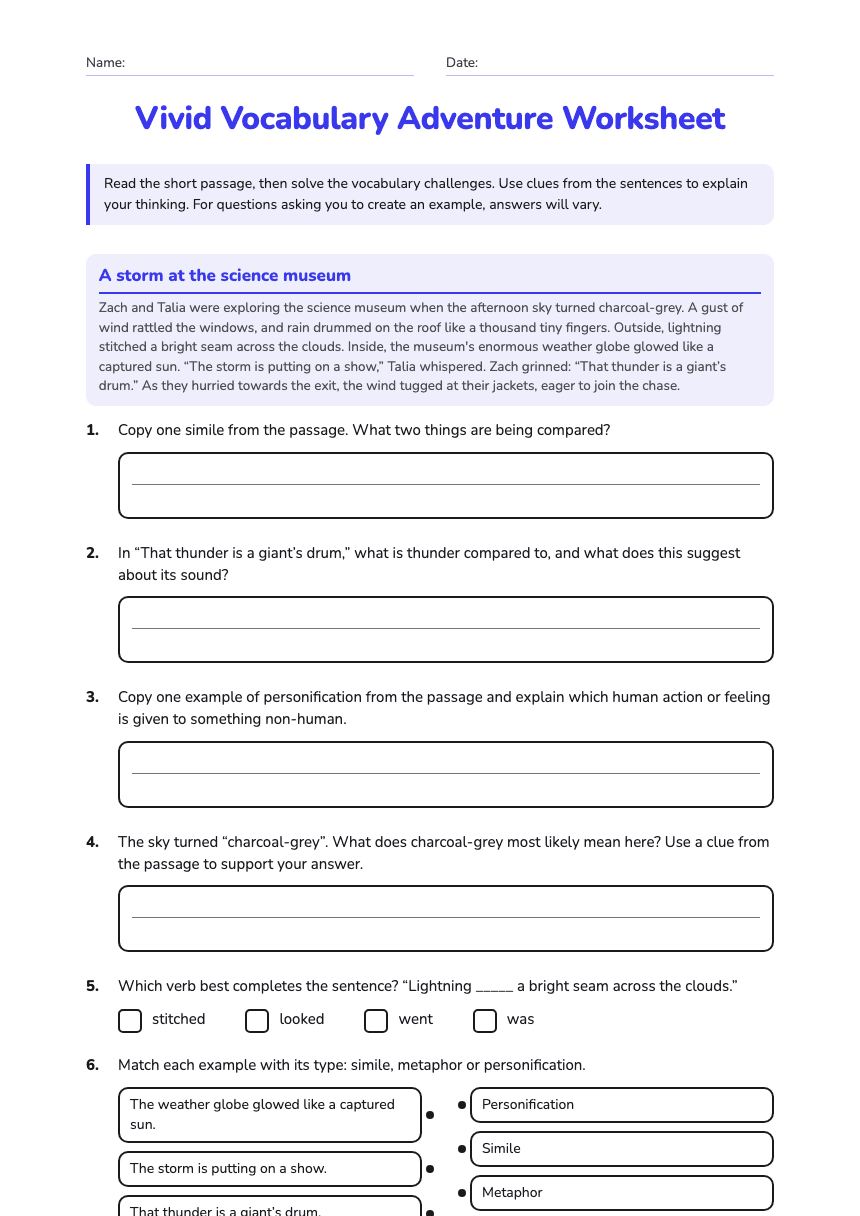 Vivid Vocabulary Adventure Worksheet worksheet preview