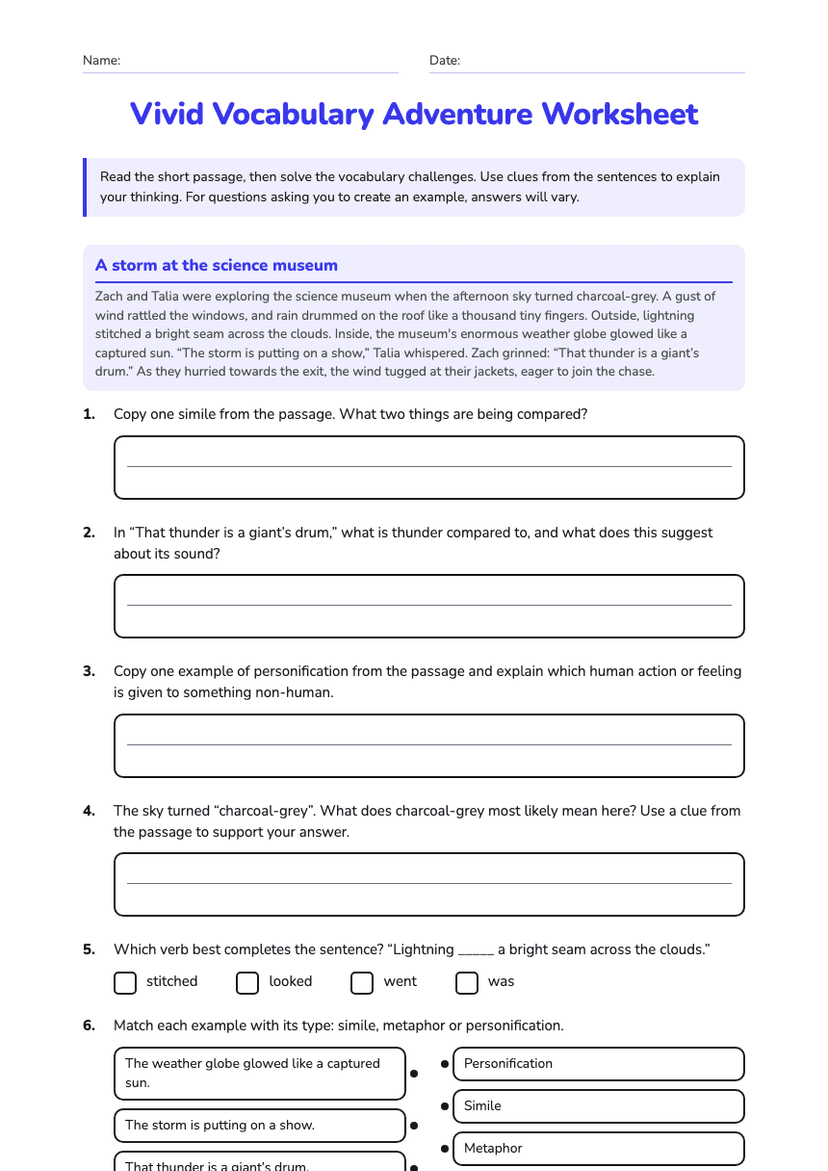 Vivid Vocabulary Adventure Worksheet