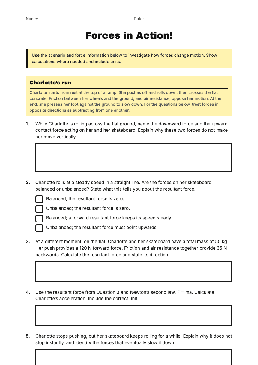 Forces in Action! worksheet preview