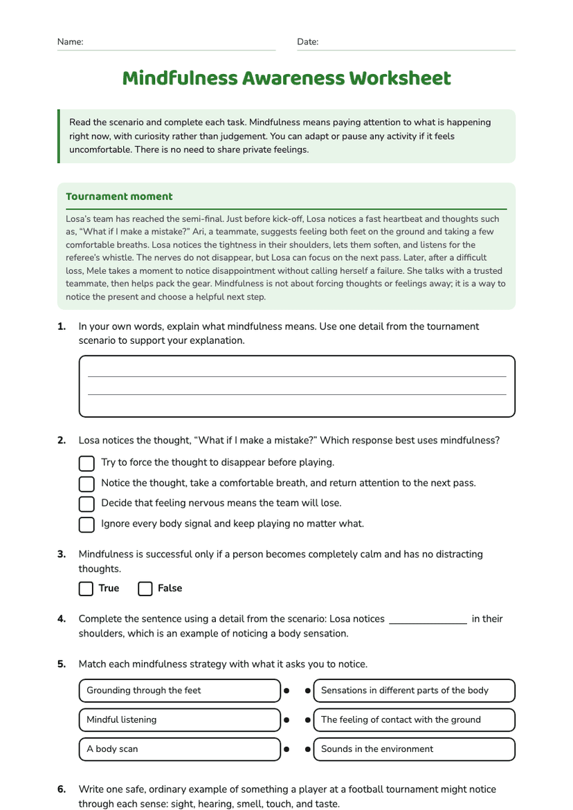 Mindfulness Awareness Worksheet