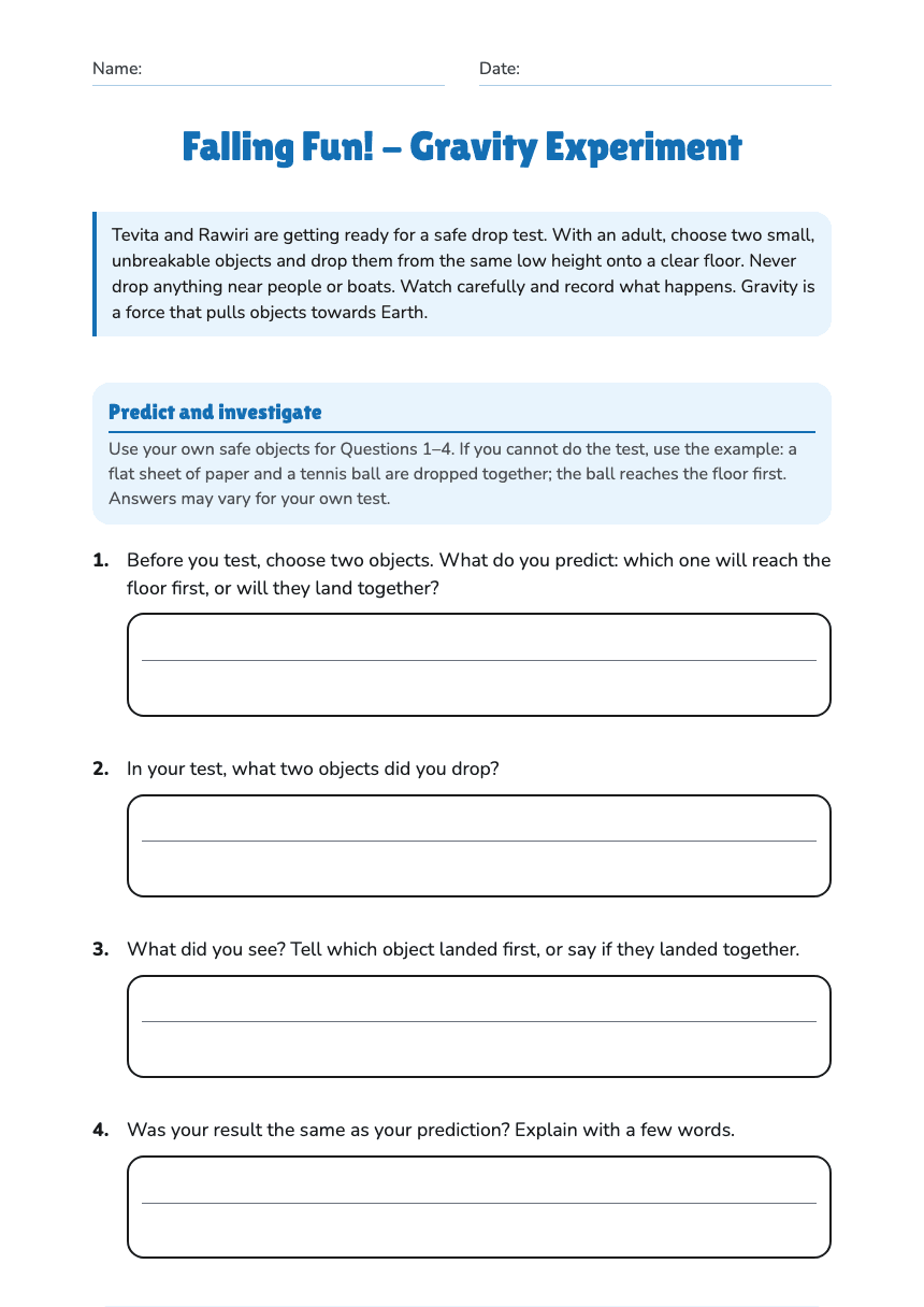 Falling Fun! - Gravity Experiment worksheet preview