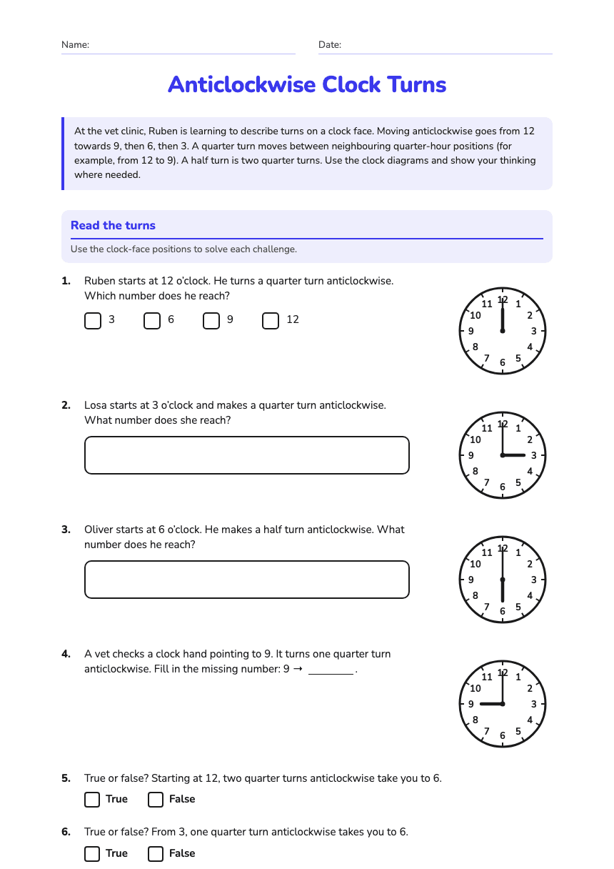 Anticlockwise Clock Turns worksheet preview