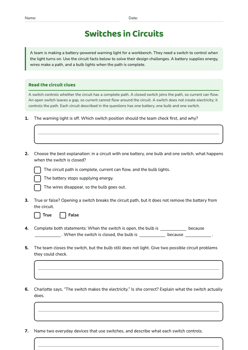 Switches in Circuits worksheet preview
